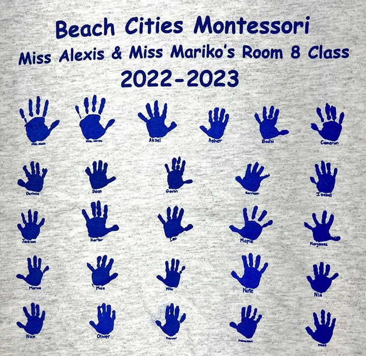 Blue handprints printed on a sport grey class shirt